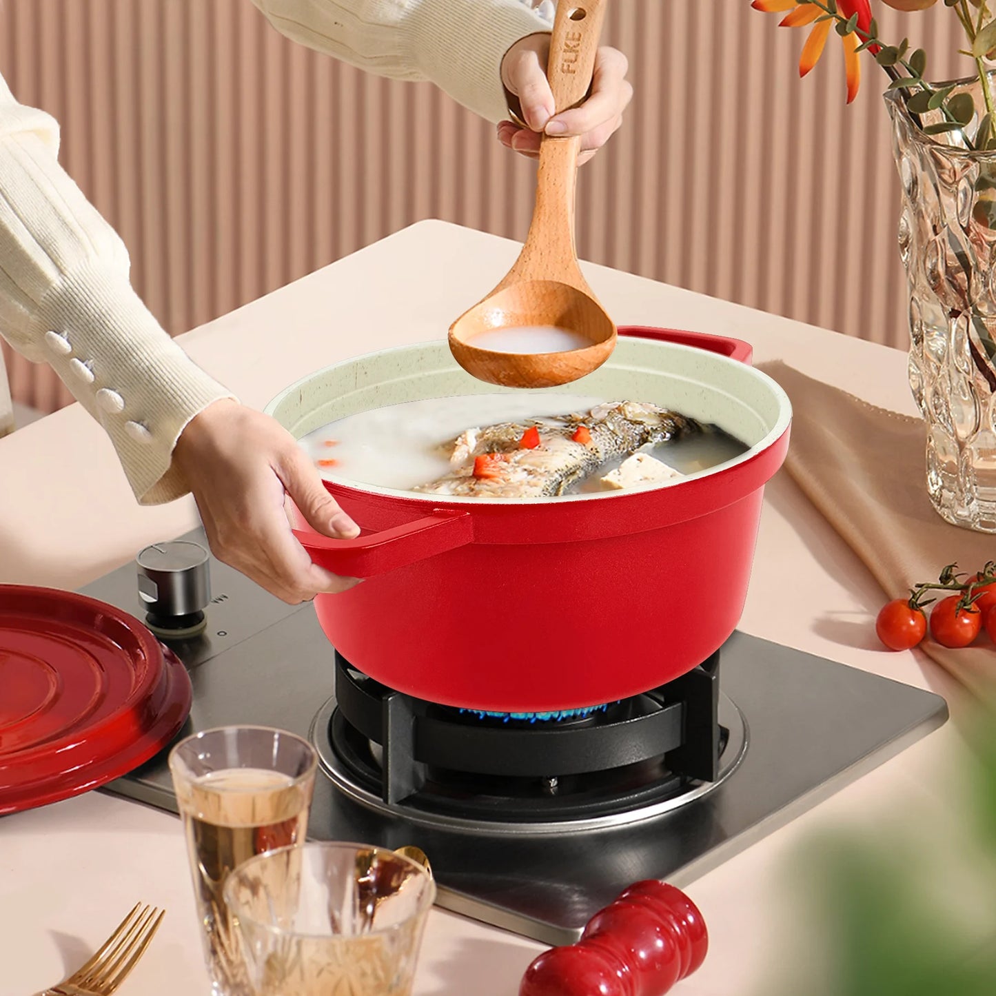 Red Stock Pot Enameled Cast Aluminum Dutch Oven for Bread Baking Soup with Lid Non-stick Braising Earthenware Pots Cookware