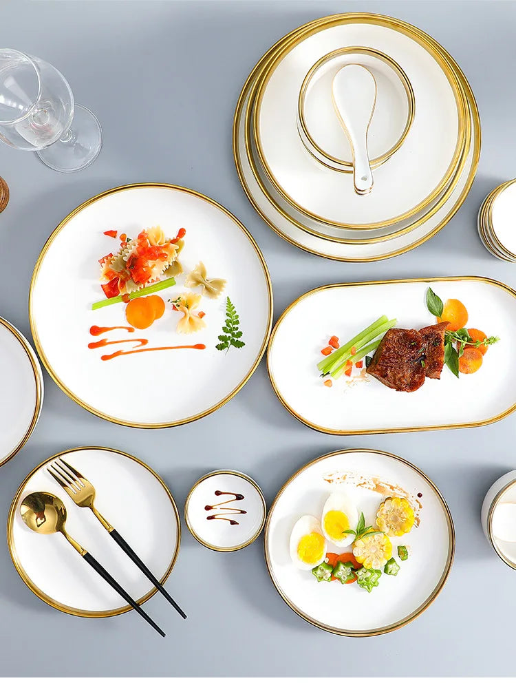 Nordic Style Gold Inlay Bright White Porcelain Dinner Sets Ceramic Bowl Dish Plates Set Porcelain Dinnerware For Household Hotel