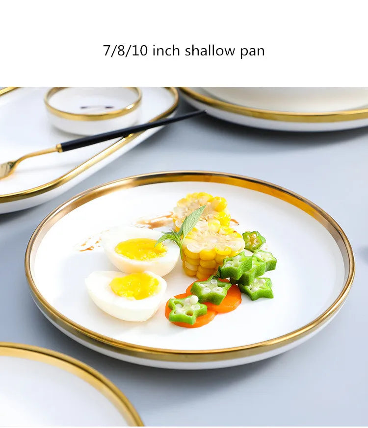 Nordic Style Gold Inlay Bright White Porcelain Dinner Sets Ceramic Bowl Dish Plates Set Porcelain Dinnerware For Household Hotel