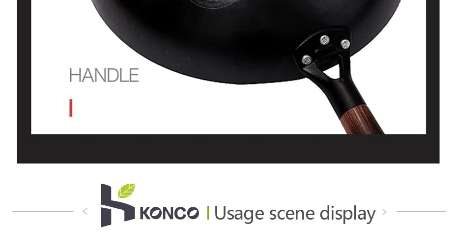 Konco Pure Iron wok cast iron pan Non-coated Pot General use for Gas and Induction Cooker 32cm Chinese Wok Cookware Pan