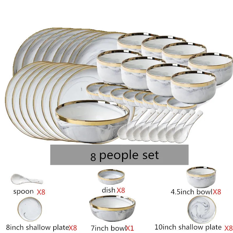 New Double-sided Gilt Rim Gray Marble Pattern Gilt Rim Porcelain Dinner Plate Set Salad Noodles Bowl Ceramic Tableware