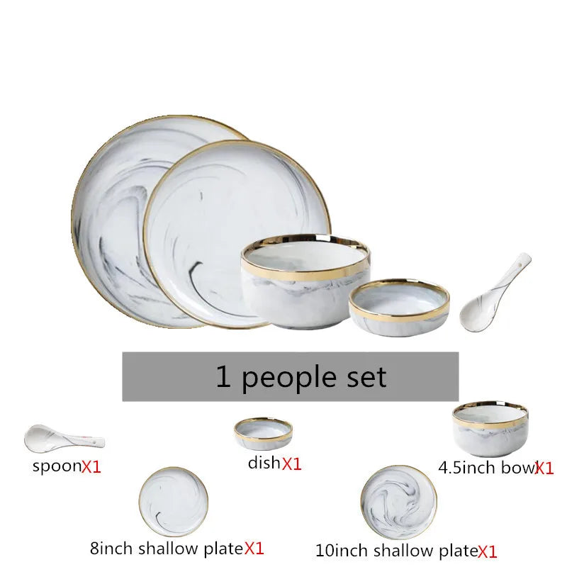 New Double-sided Gilt Rim Gray Marble Pattern Gilt Rim Porcelain Dinner Plate Set Salad Noodles Bowl Ceramic Tableware