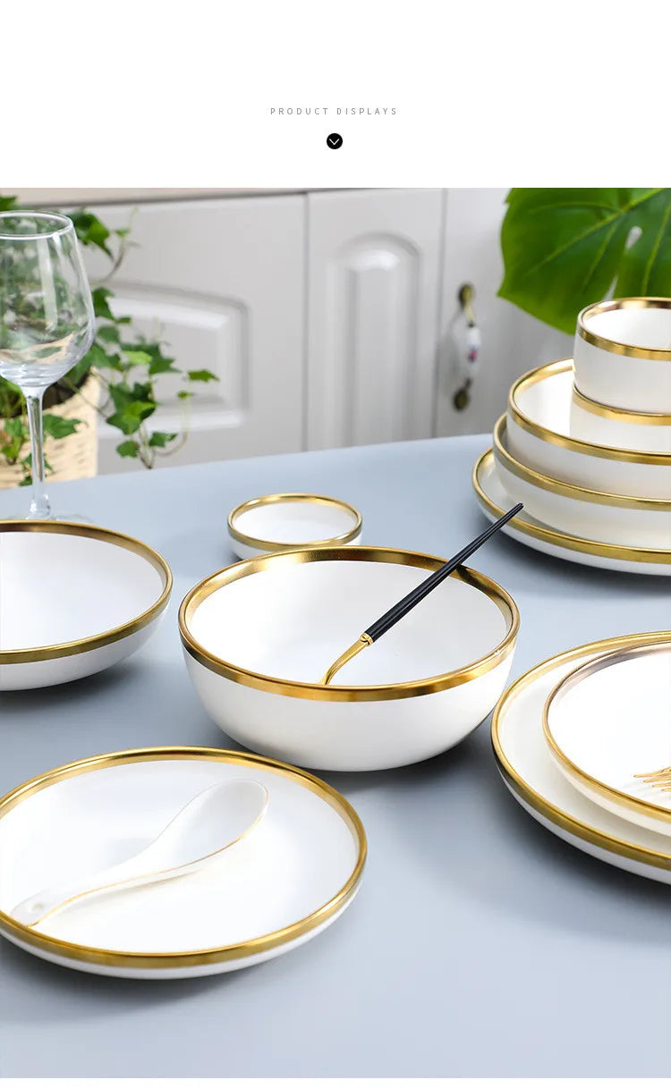 Nordic Style Gold Inlay Bright White Porcelain Dinner Sets Ceramic Bowl Dish Plates Set Porcelain Dinnerware For Household Hotel