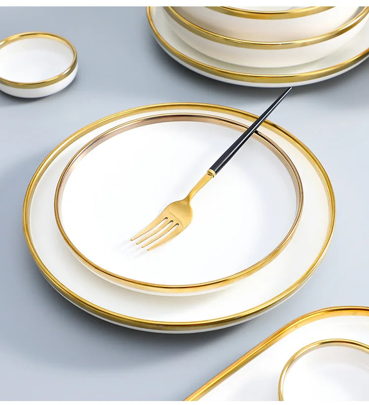 Nordic Style Gold Inlay Bright White Porcelain Dinner Sets Ceramic Bowl Dish Plates Set Porcelain Dinnerware For Household Hotel