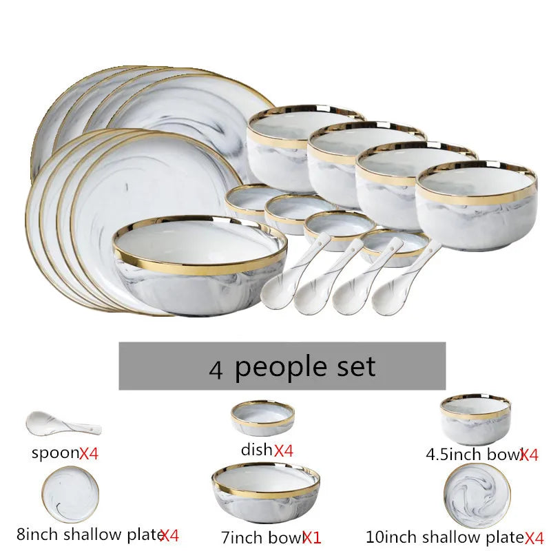 New Double-sided Gilt Rim Gray Marble Pattern Gilt Rim Porcelain Dinner Plate Set Salad Noodles Bowl Ceramic Tableware