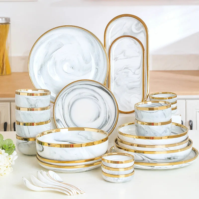 New Double-sided Gilt Rim Gray Marble Pattern Gilt Rim Porcelain Dinner Plate Set Salad Noodles Bowl Ceramic Tableware