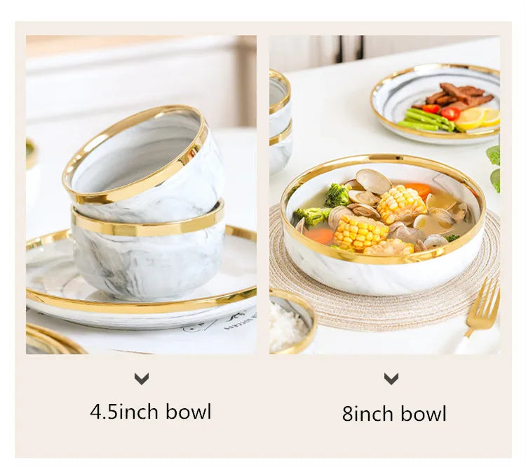 New Double-sided Gilt Rim Gray Marble Pattern Gilt Rim Porcelain Dinner Plate Set Salad Noodles Bowl Ceramic Tableware