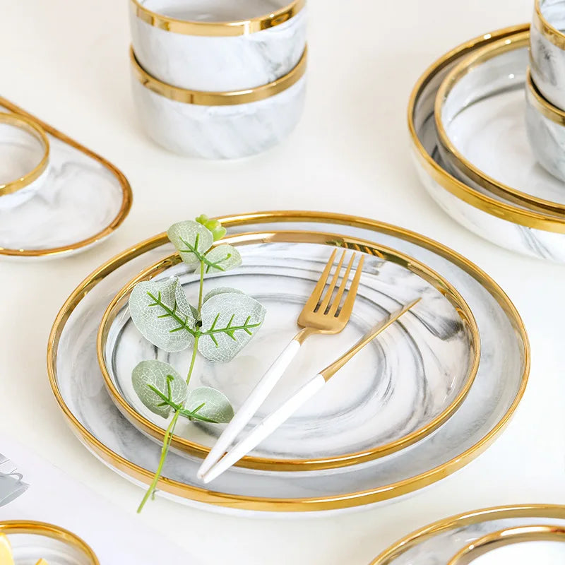New Double-sided Gilt Rim Gray Marble Pattern Gilt Rim Porcelain Dinner Plate Set Salad Noodles Bowl Ceramic Tableware