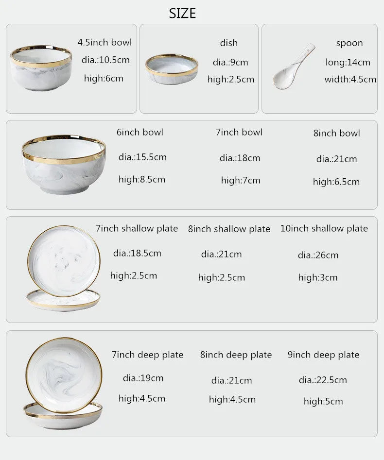 New Double-sided Gilt Rim Gray Marble Pattern Gilt Rim Porcelain Dinner Plate Set Salad Noodles Bowl Ceramic Tableware