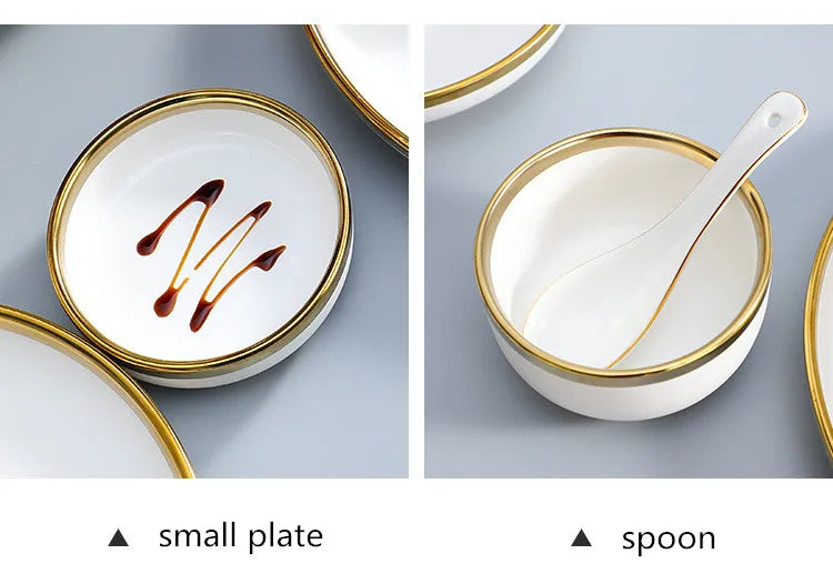 Nordic Style Gold Inlay Bright White Porcelain Dinner Sets Ceramic Bowl Dish Plates Set Porcelain Dinnerware For Household Hotel