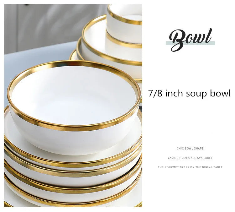 Nordic Style Gold Inlay Bright White Porcelain Dinner Sets Ceramic Bowl Dish Plates Set Porcelain Dinnerware For Household Hotel