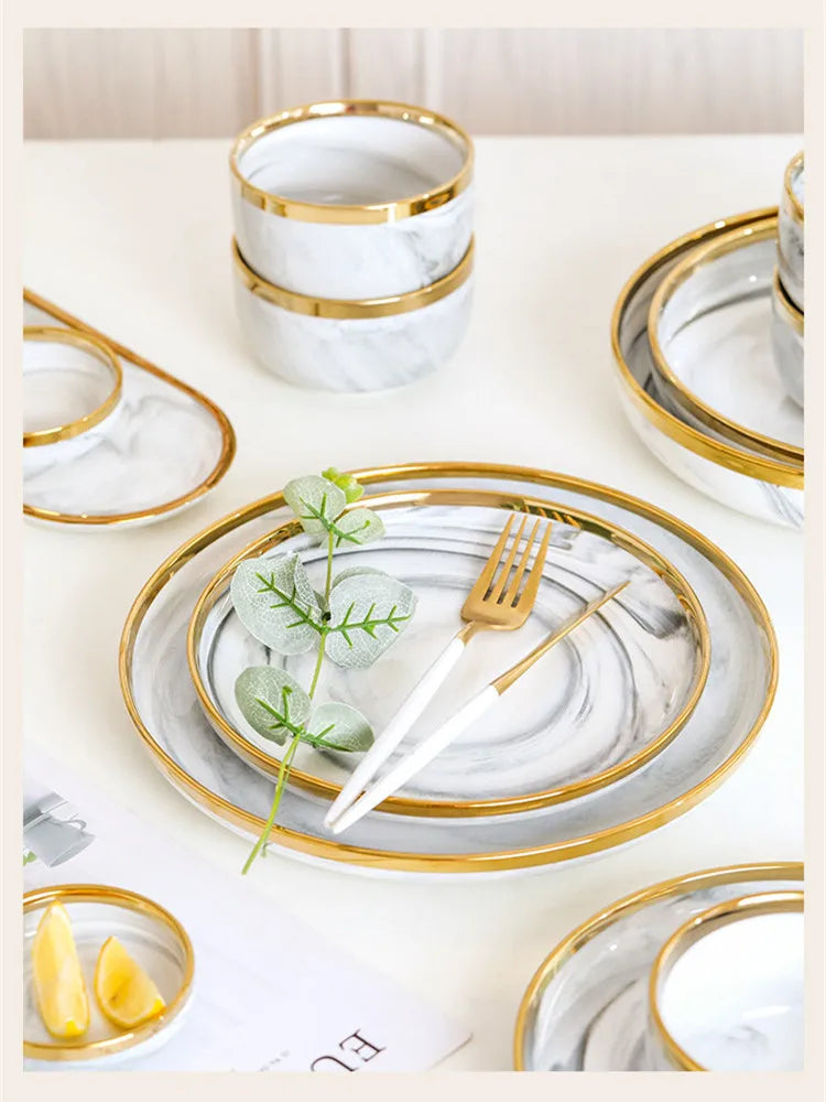 New Double-sided Gilt Rim Gray Marble Pattern Gilt Rim Porcelain Dinner Plate Set Salad Noodles Bowl Ceramic Tableware