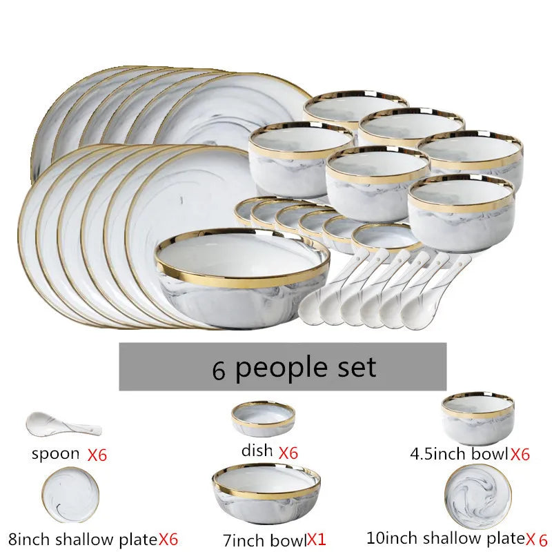 New Double-sided Gilt Rim Gray Marble Pattern Gilt Rim Porcelain Dinner Plate Set Salad Noodles Bowl Ceramic Tableware