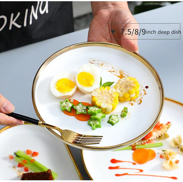 Nordic Style Gold Inlay Bright White Porcelain Dinner Sets Ceramic Bowl Dish Plates Set Porcelain Dinnerware For Household Hotel