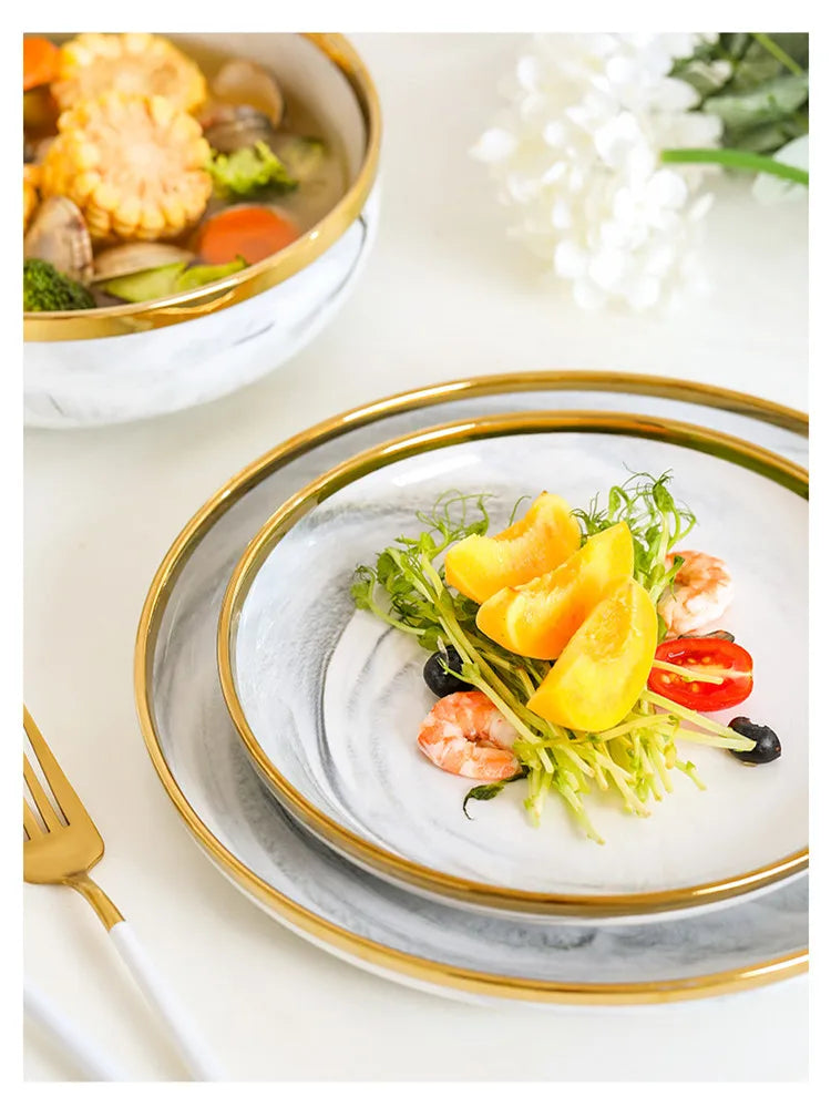 New Double-sided Gilt Rim Gray Marble Pattern Gilt Rim Porcelain Dinner Plate Set Salad Noodles Bowl Ceramic Tableware