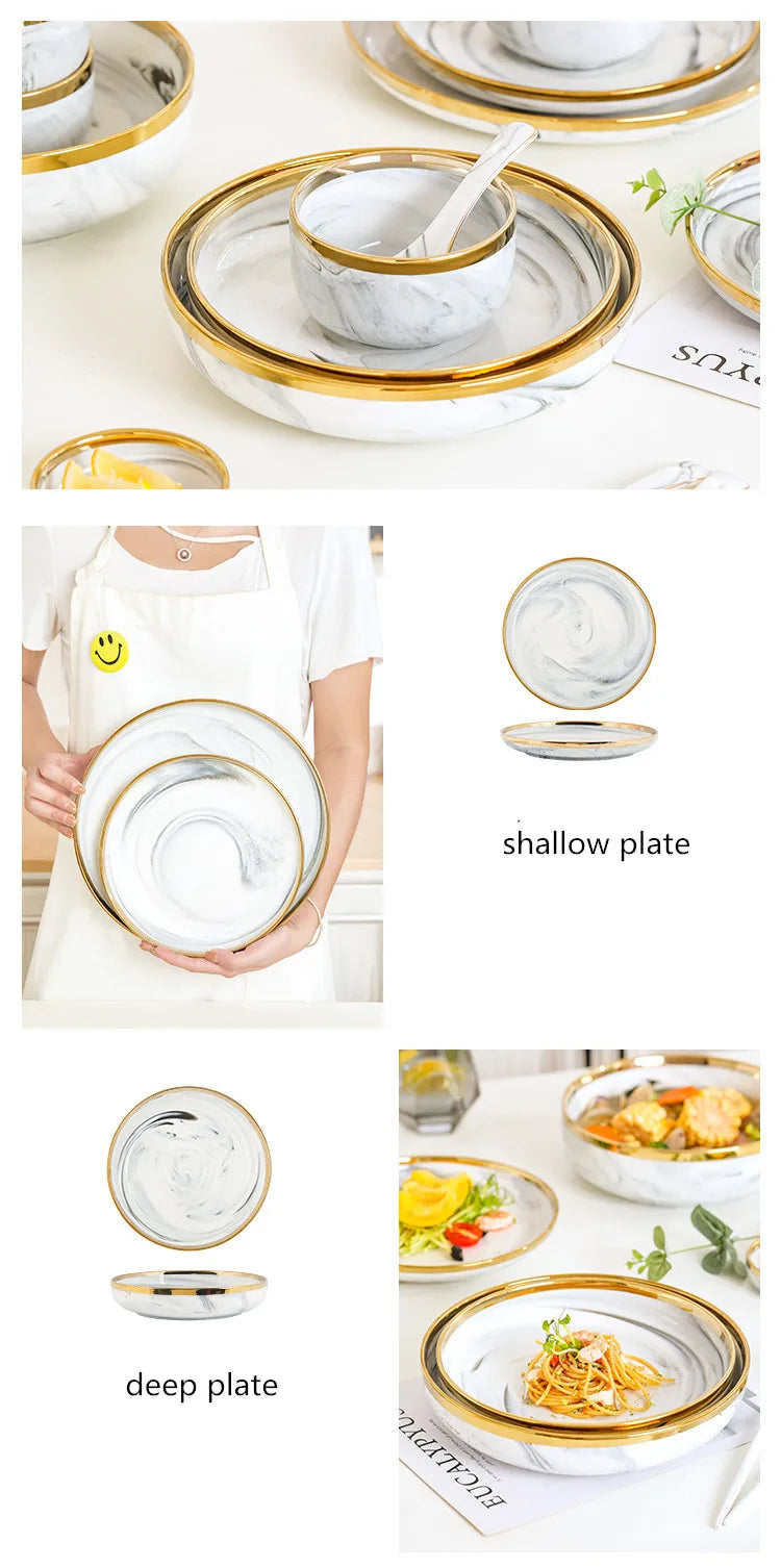 New Double-sided Gilt Rim Gray Marble Pattern Gilt Rim Porcelain Dinner Plate Set Salad Noodles Bowl Ceramic Tableware