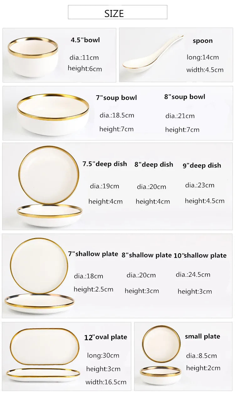 Nordic Style Gold Inlay Bright White Porcelain Dinner Sets Ceramic Bowl Dish Plates Set Porcelain Dinnerware For Household Hotel