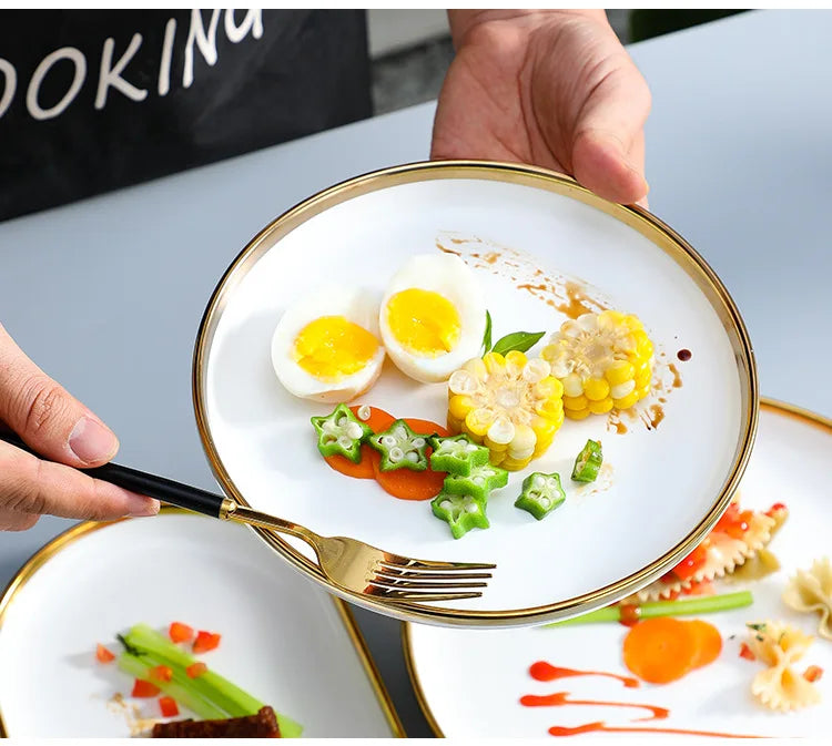 Nordic Style Gold Inlay Bright White Porcelain Dinner Sets Ceramic Bowl Dish Plates Set Porcelain Dinnerware For Household Hotel