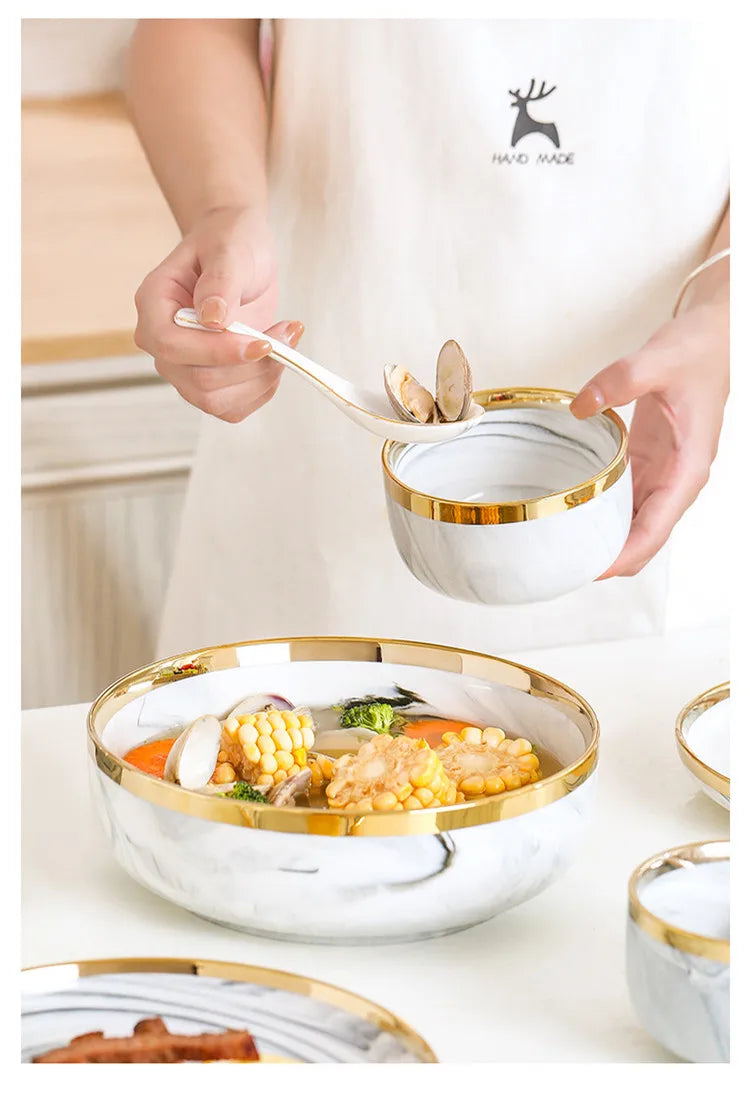 New Double-sided Gilt Rim Gray Marble Pattern Gilt Rim Porcelain Dinner Plate Set Salad Noodles Bowl Ceramic Tableware