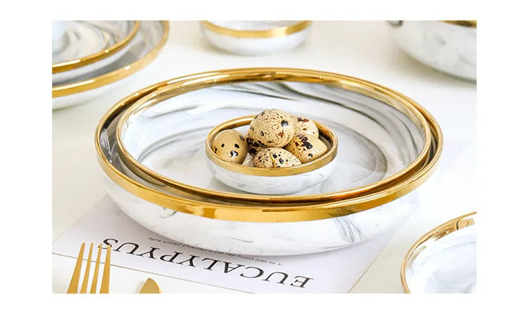 New Double-sided Gilt Rim Gray Marble Pattern Gilt Rim Porcelain Dinner Plate Set Salad Noodles Bowl Ceramic Tableware