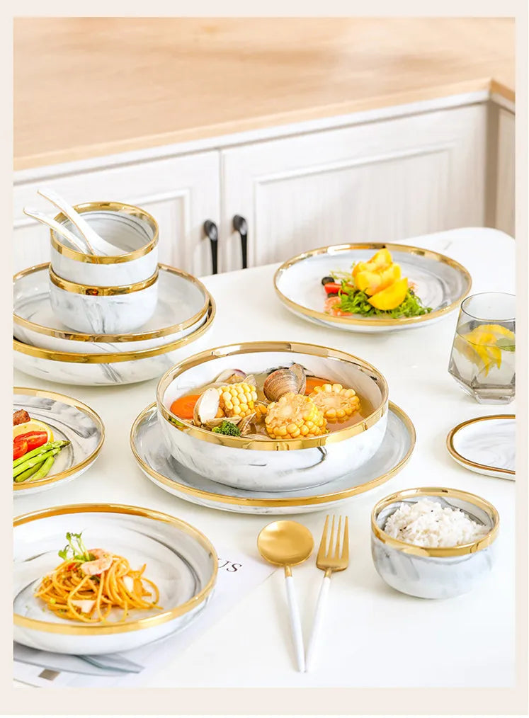 New Double-sided Gilt Rim Gray Marble Pattern Gilt Rim Porcelain Dinner Plate Set Salad Noodles Bowl Ceramic Tableware