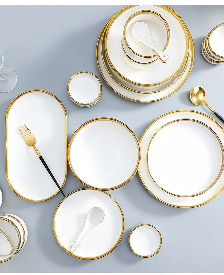 Nordic Style Gold Inlay Bright White Porcelain Dinner Sets Ceramic Bowl Dish Plates Set Porcelain Dinnerware For Household Hotel