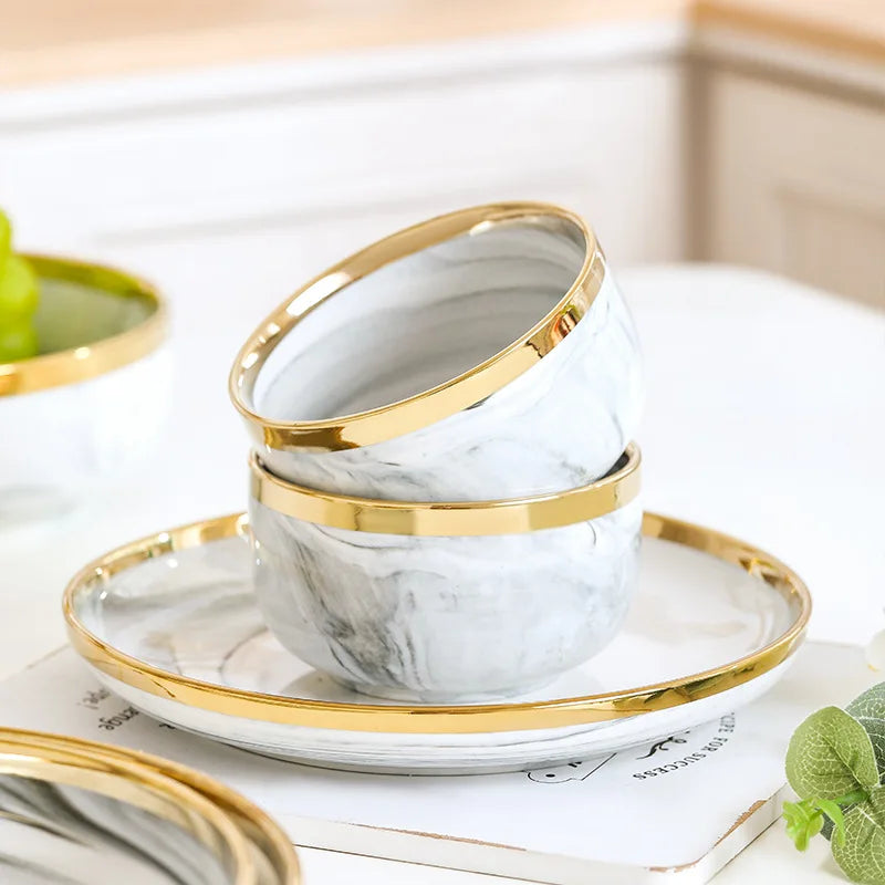 New Double-sided Gilt Rim Gray Marble Pattern Gilt Rim Porcelain Dinner Plate Set Salad Noodles Bowl Ceramic Tableware