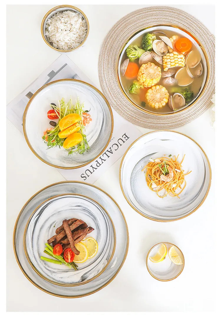 New Double-sided Gilt Rim Gray Marble Pattern Gilt Rim Porcelain Dinner Plate Set Salad Noodles Bowl Ceramic Tableware