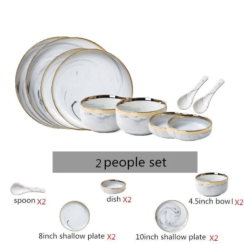 New Double-sided Gilt Rim Gray Marble Pattern Gilt Rim Porcelain Dinner Plate Set Salad Noodles Bowl Ceramic Tableware