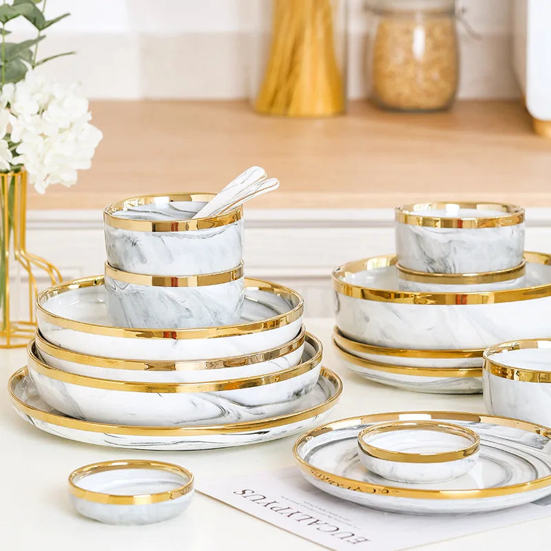 New Double-sided Gilt Rim Gray Marble Pattern Gilt Rim Porcelain Dinner Plate Set Salad Noodles Bowl Ceramic Tableware