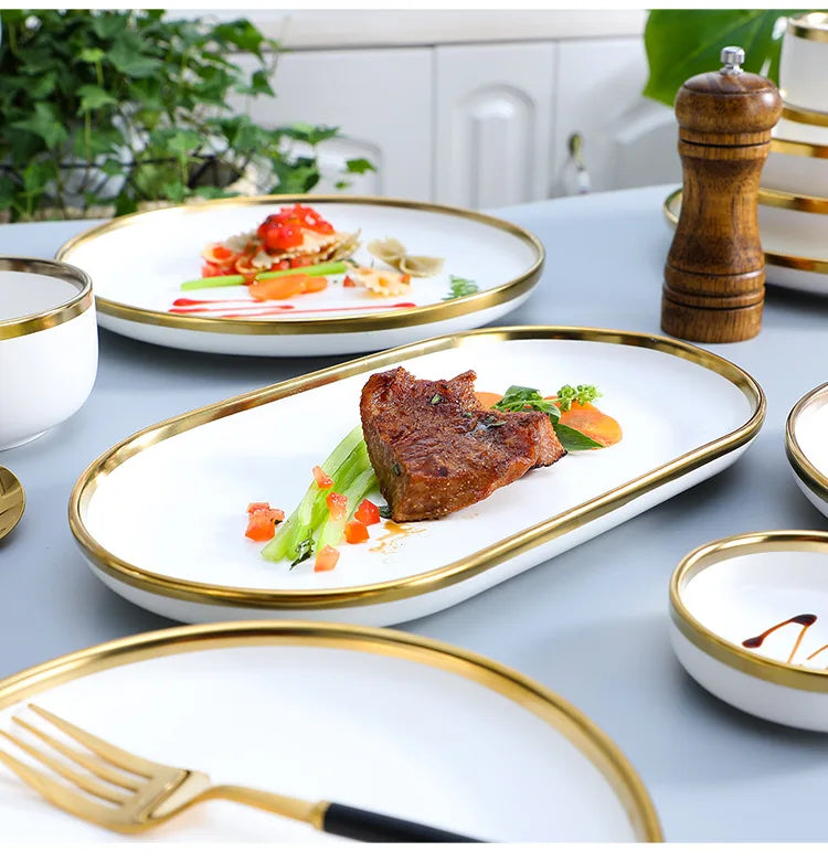 Nordic Style Gold Inlay Bright White Porcelain Dinner Sets Ceramic Bowl Dish Plates Set Porcelain Dinnerware For Household Hotel