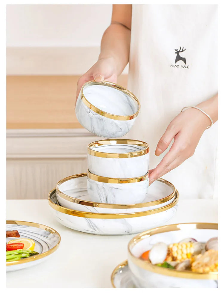 New Double-sided Gilt Rim Gray Marble Pattern Gilt Rim Porcelain Dinner Plate Set Salad Noodles Bowl Ceramic Tableware