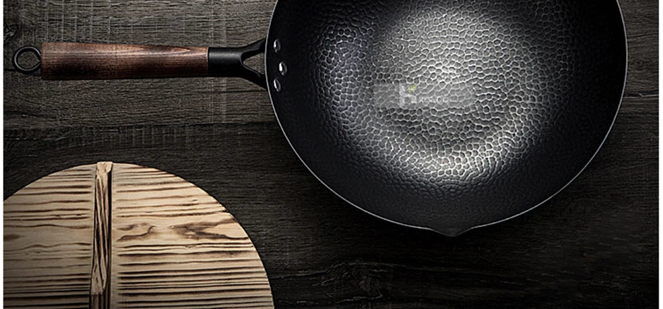 Konco Pure Iron wok cast iron pan Non-coated Pot General use for Gas and Induction Cooker 32cm Chinese Wok Cookware Pan