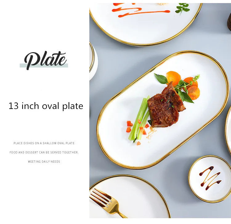 Nordic Style Gold Inlay Bright White Porcelain Dinner Sets Ceramic Bowl Dish Plates Set Porcelain Dinnerware For Household Hotel