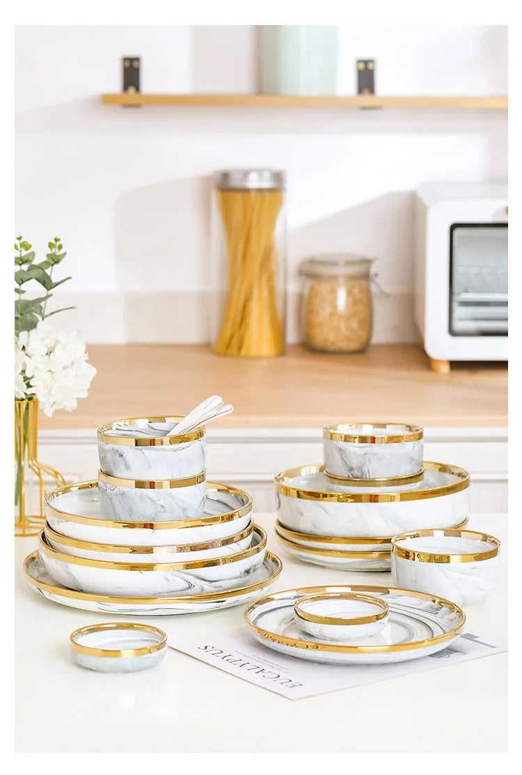 New Double-sided Gilt Rim Gray Marble Pattern Gilt Rim Porcelain Dinner Plate Set Salad Noodles Bowl Ceramic Tableware