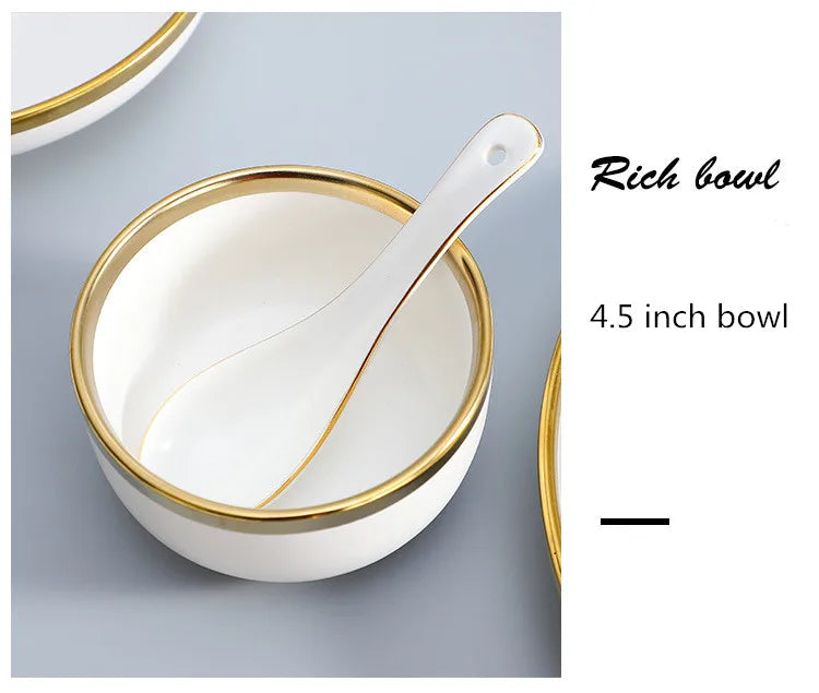 Nordic Style Gold Inlay Bright White Porcelain Dinner Sets Ceramic Bowl Dish Plates Set Porcelain Dinnerware For Household Hotel