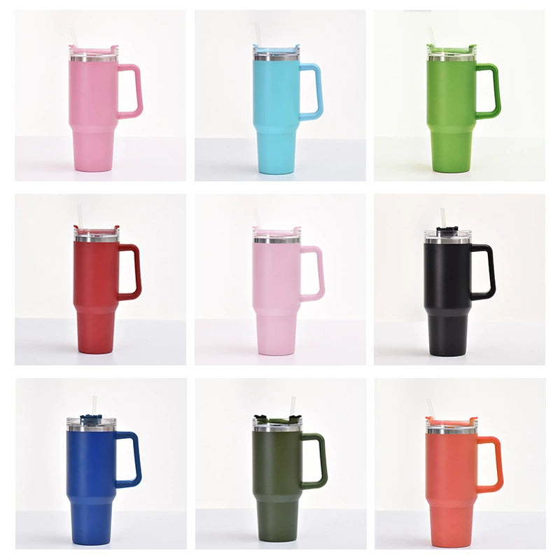 Amazon Hot Cup 40Oz Handle Vacuum Cup 304 Stainless Steel Large Capacity Cold-Keeping Straw Large Ice Cup