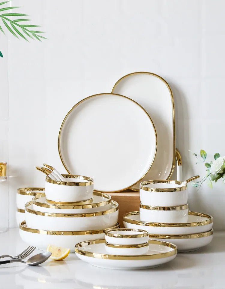 Nordic Style Gold Inlay Bright White Porcelain Dinner Sets Ceramic Bowl Dish Plates Set Porcelain Dinnerware For Household Hotel
