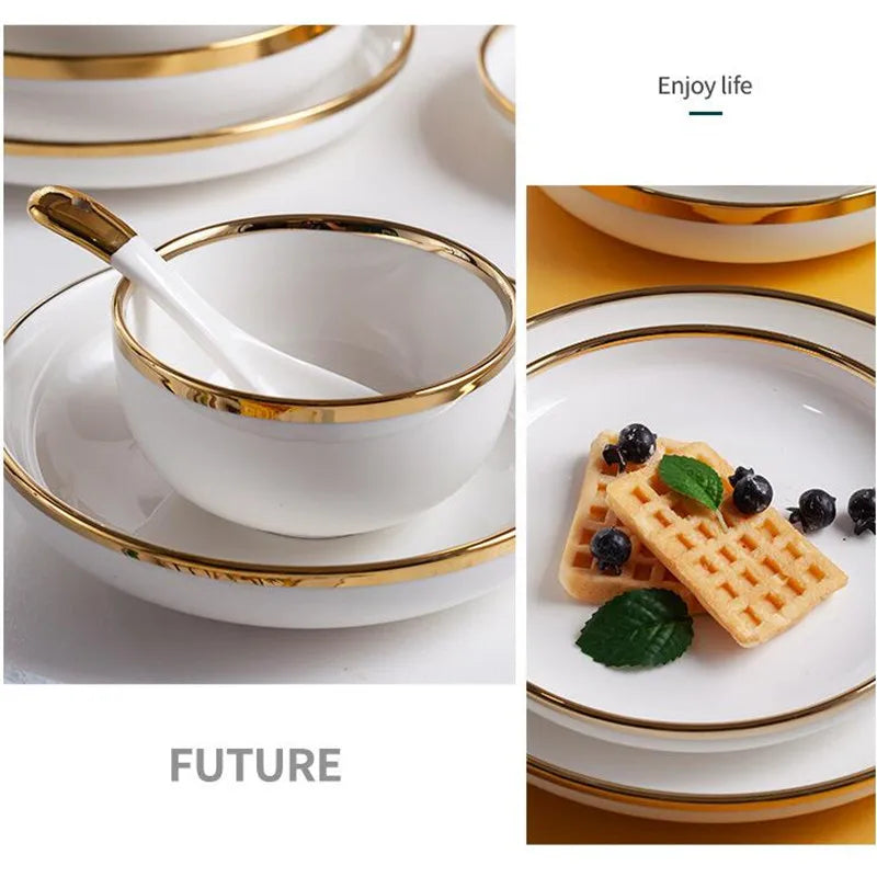 Nordic Style Gold Inlay Bright White Porcelain Dinner Sets Ceramic Bowl Dish Plates Set Porcelain Dinnerware For Household Hotel