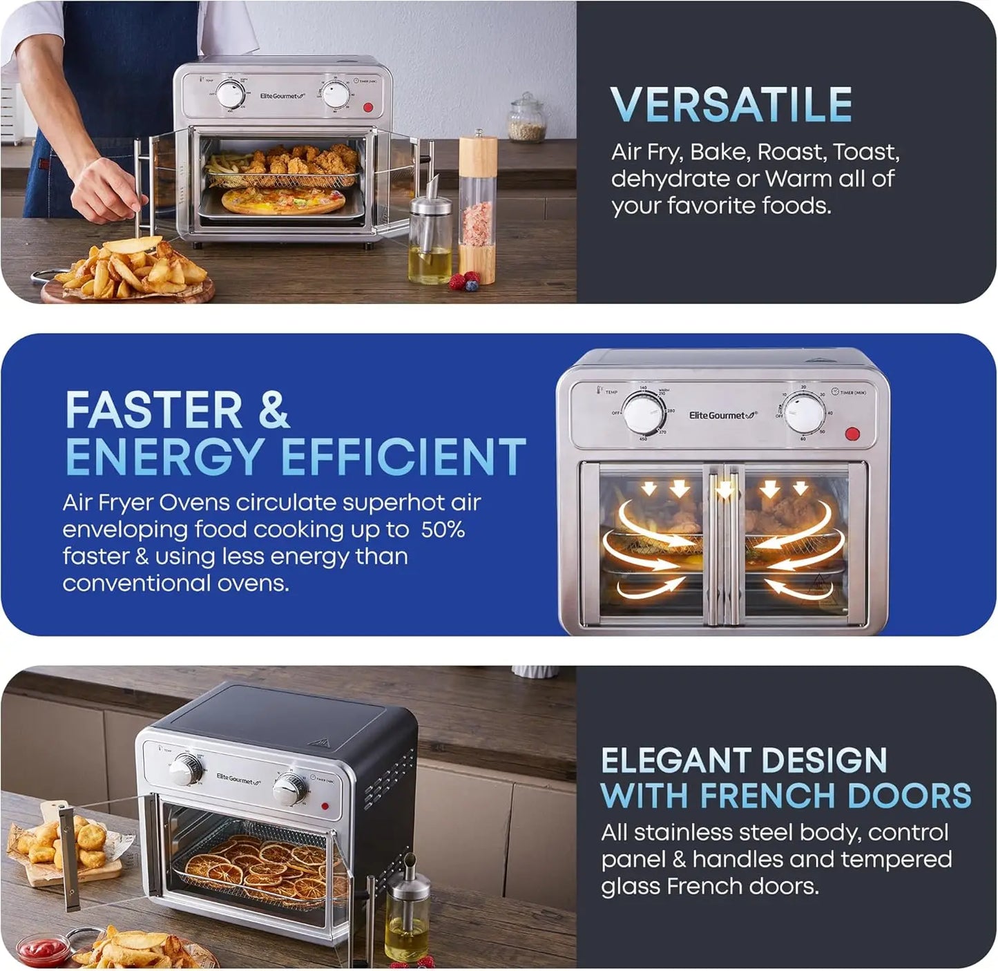 EAF1222SS Air Fryer Oven Double French Doors, Bake, Grill, Roast, Broil, Rotisserie, Toast, Warm, Air Fry, Dehydrate, 1500 Watts