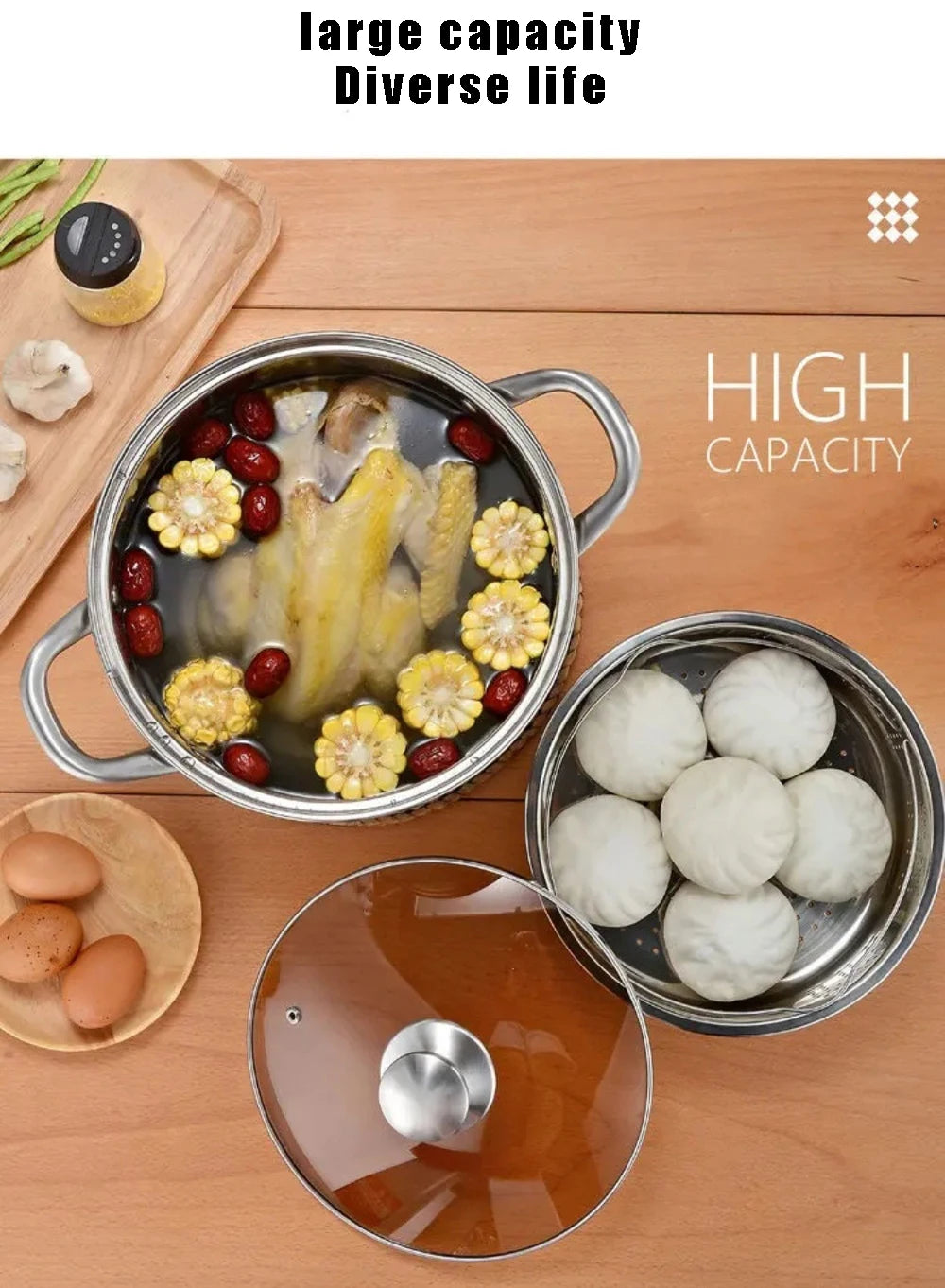 24cm Stainless Steel Soup Pot Large Capacity Home Cooking Pot Stew Chicken Induction Cooker Gas Stove Universal Kitchen Cookware