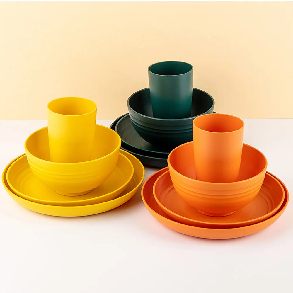4/16Pcs Black Plastic Cutlery Set Reusable Plates Bowl Cups 4 Sets for Kitchen Outdoor Camping Party Dinnerware Dishes Set
