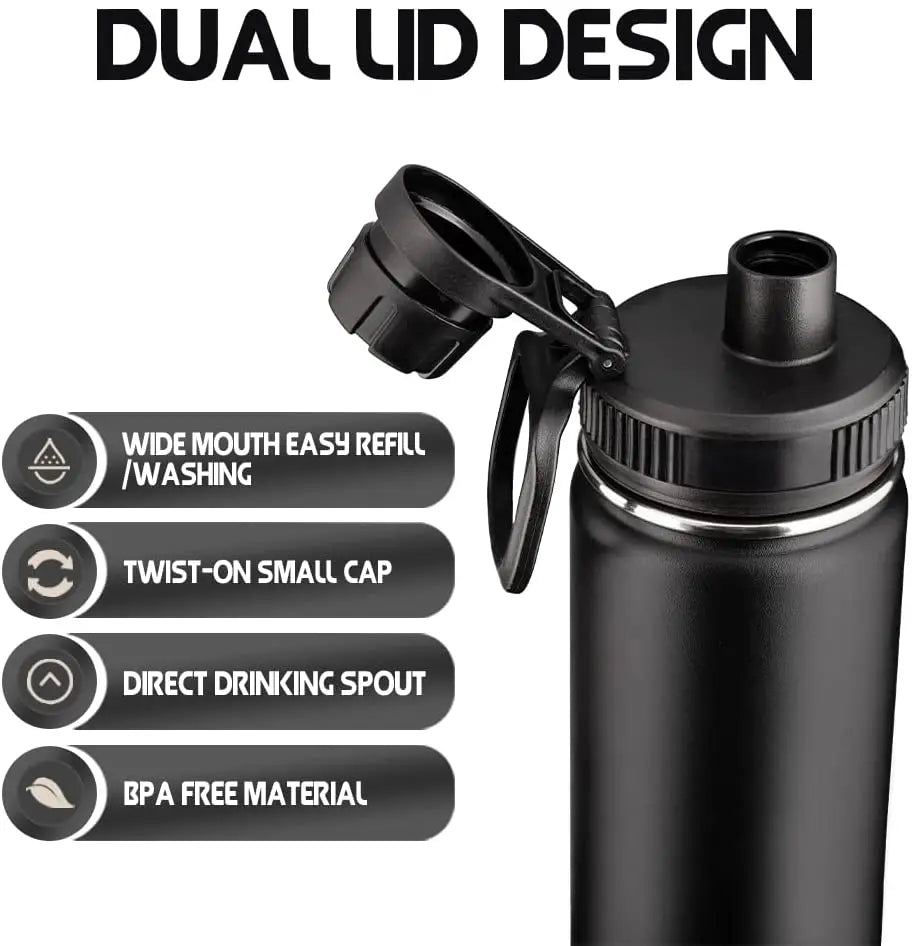 Insulated Water Bottle, 1000ml 32 oz Stainless Steel Double Wall Vacuum Wide Mouth Sport Bottle with Leakproof Spout Lid