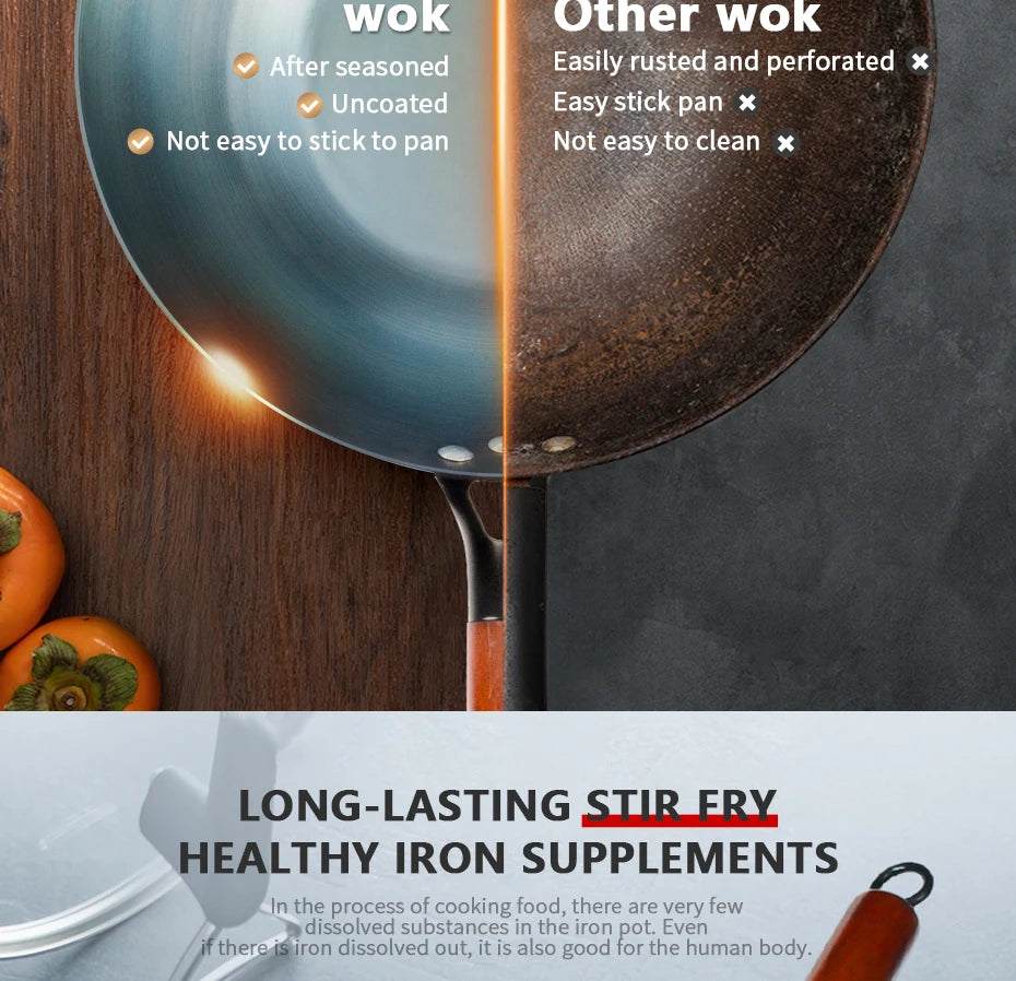 Seasoning Iron Woks,30/32/34cm Wok with Wooden Handle Frying Pan Kitchen Cookware For Electric,Induction Electric and Gas Stoves