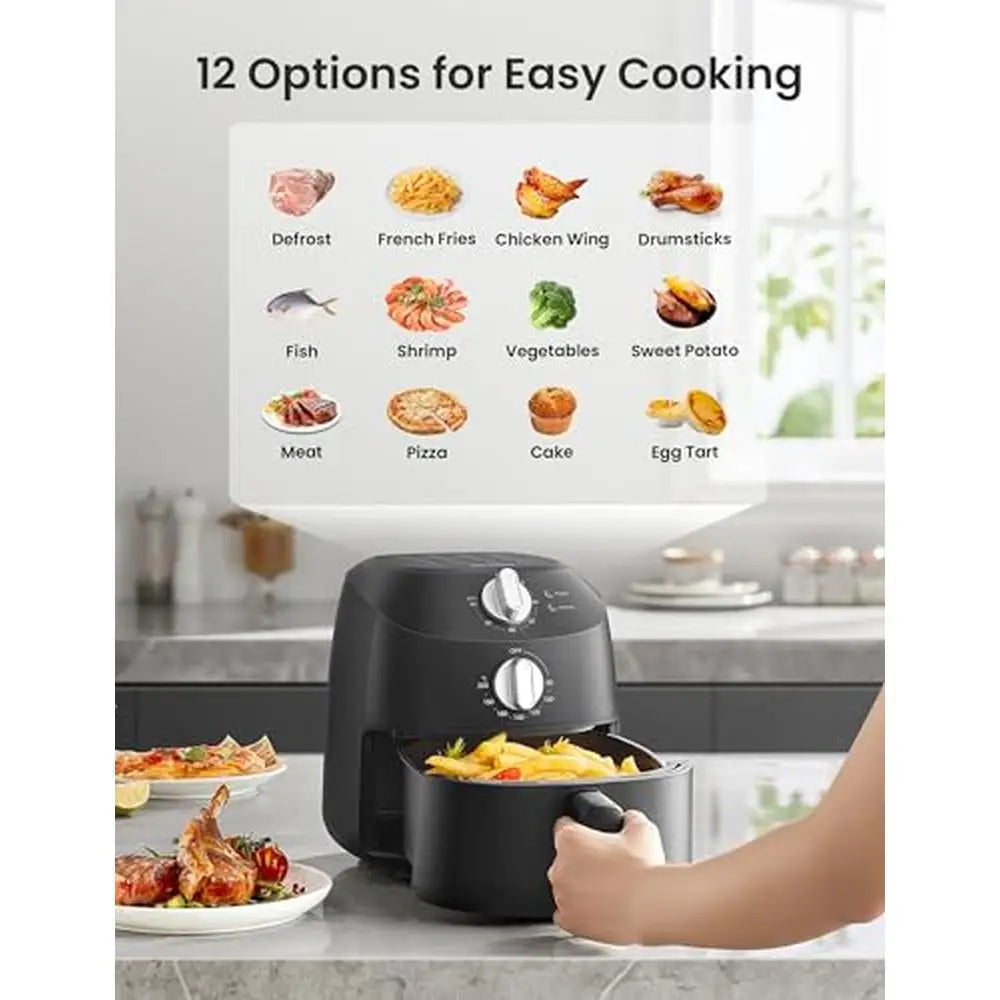Compact 2.2QT Air Fryer 12 Menu Options Timer & Temp Control 180-400°F Dishwasher-Safe Rapid Air Circulation Tech Space Saving
