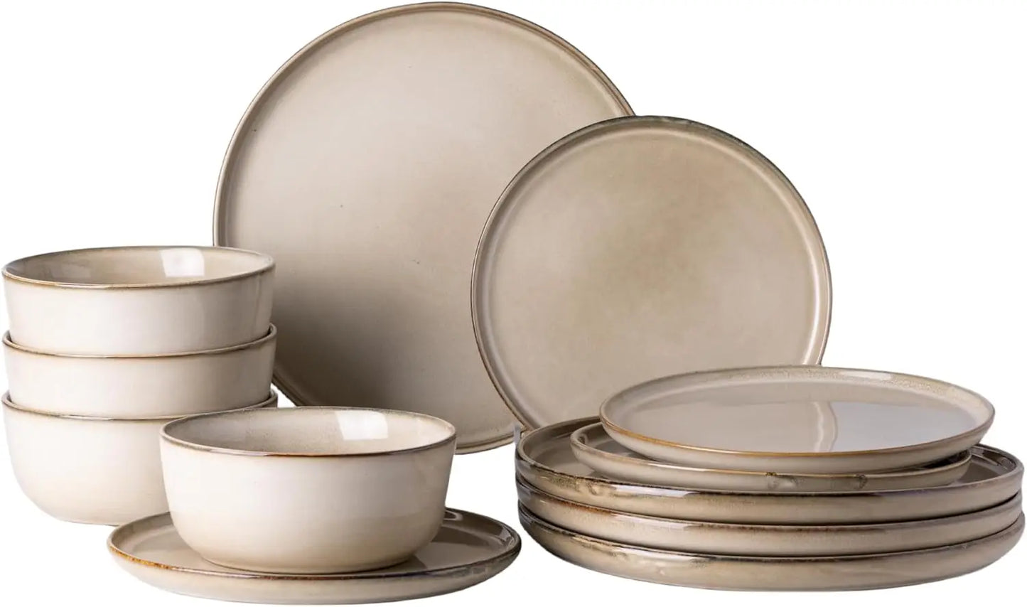 Ceramic Dinnerware Sets for 4, 12 Pieces Stoneware Plates and Bowls Sets, Reactive Glaze Dishes -Scratch Resistant,