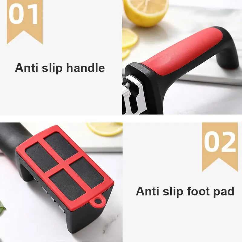 3/4 Segment Cutter Knife Sharpener Kitchen Handheld Three-purpose Sharpening Stone Tool with Non Slip Base Kitchen Knives