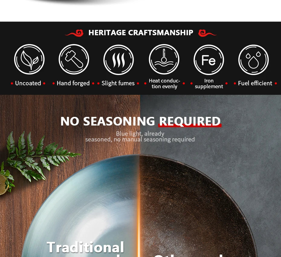 Seasoning Iron Woks,30/32/34cm Wok with Wooden Handle Frying Pan Kitchen Cookware For Electric,Induction Electric and Gas Stoves