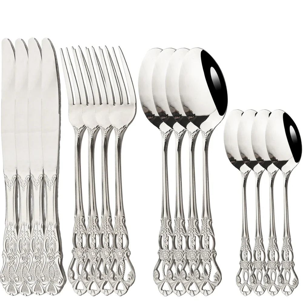 16Pcs Cutlery Sets Vintage Stainless Steel Tableware Dinner Knife Fork Dessert Spoon Dinnerware Set Kitchen Flatware