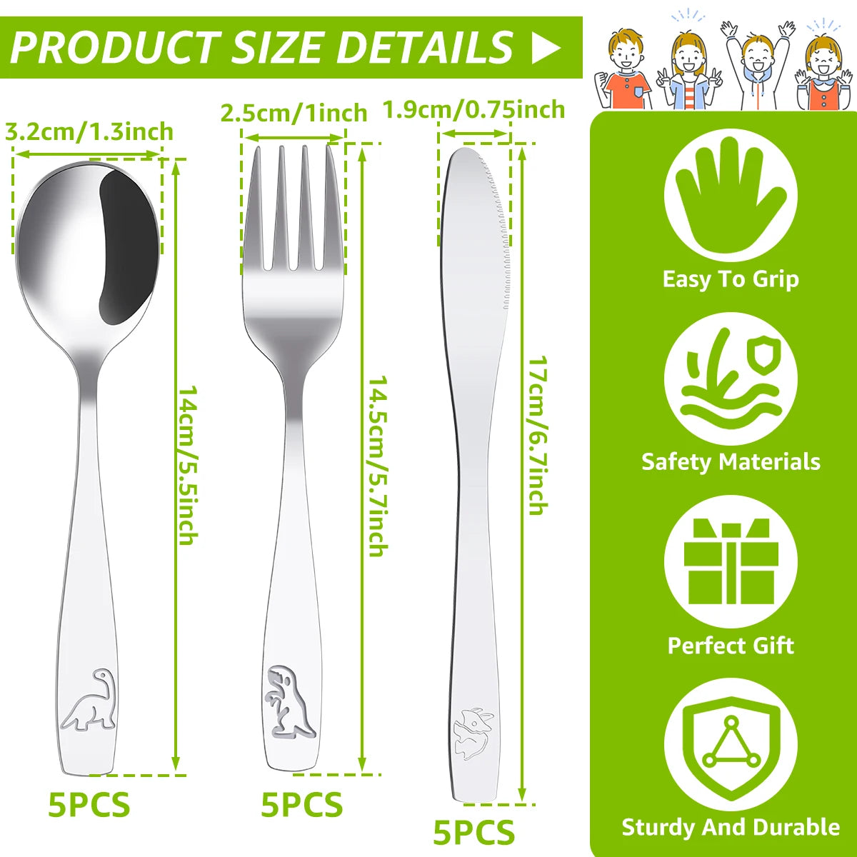 9/15Pcs Kids Silverware Set 410 Stainless Steel Kids Fork Spoon and Cutter Set Funny Dinosaur Flatware Set for Children Toddler